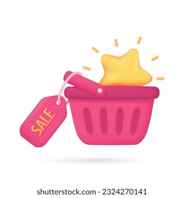 shopping cart filled with product discount vouchers. 3d illustration