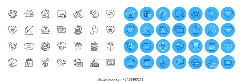 Shopping cart, Fireworks and Web photo line icons pack. Sleep, Fireworks stars, Bicycle helmet web icon. True love, Love ticket, Delivery pictogram. Sale bags, Present, Market. Sunset. Vector