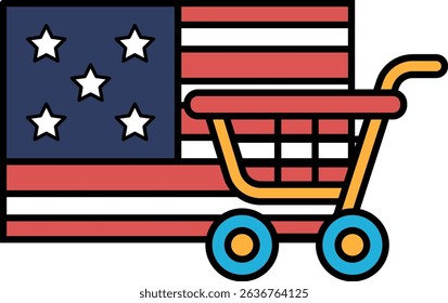 A shopping cart with a flag in the background. The flag is red, white and blue