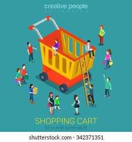 Shopping cart flat 3d isometry isometric e-commerce business concept web infographics vector illustration. Micro people and huge wheeled empty cart. Creative people collection.