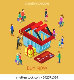 Shopping cart flat 3d isometry isometric e-commerce business concept web infographics vector illustration. Micro people gift box credit card and huge empty cart. Creative people collection.