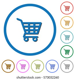 Shopping cart flat color vector icons with shadows in round outlines on white background