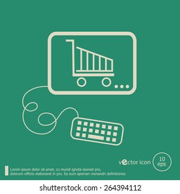 Shopping cart and flat design elements. Line icons for application development, web page coding and programming, web design, creative process, social media, seo.