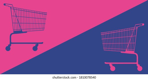 shopping cart flat icon empty copy space vector trolley isolated buy two color blue and pink business supermarket discount banner concept  