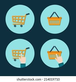 shopping cart flat icon with hand cursor design