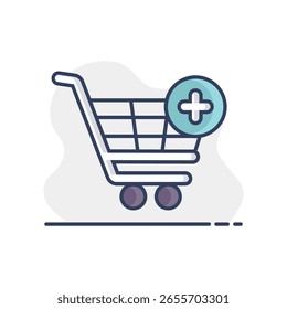 Icono de Carrito de compras plano con plus. Añadir desde el Carrito. Signo de comercio electrónico. Símbolo del gráfico para su diseño del Sitio web, logotipo, App, UI. Ilustración vectorial, EPS10.