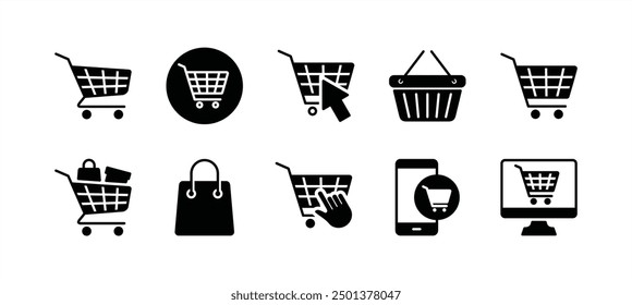Shopping cart flat icon set. Containing bag, basket, full, empty, online shop business, click button. Purchase, buy, sell, and sale in supermarket with cart for app and website. Vector illustration