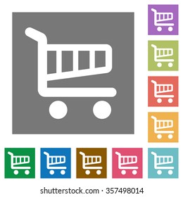 Shopping cart flat icon set on color square background.