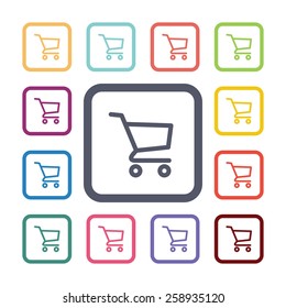 shopping cart flat icons set. Open round colorful buttons. Vector 