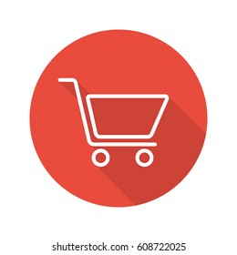 Shopping cart flat linear long shadow icon. Add to cart sign. Vector line symbol