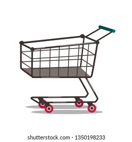 Shopping cart flat vector illustration. Empty store trolley with red wheels. Supermarket, grocery self service equipment. Black metal cart. Purchase, market, commerce banner, poster design element