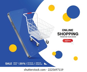 shopping cart floating on smartphone blue screen,vector 3d on blue white background for delivery and online shopping concept,promotion template for advertising design