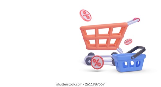 Shopping Cart With Floating Percent Icons And Basket In 3D Cartoon Style. Perfect For Sale, Discount, And E-Commerce Concepts. Clean Minimal Background. Vector Illustration.