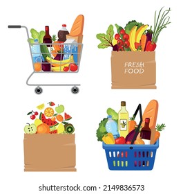 Shopping cart, food baskets. Sets for grocery shopping. Vector.