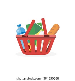 Shopping cart with food design flat. Food and shopping cart icon, shopping bag basket, buy icon, supermarket shop cart, basket cart, commerce purchase grocery vector illustration