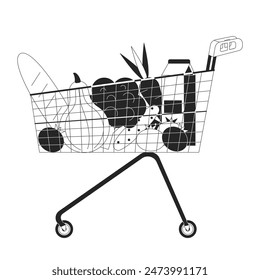 Shopping cart with food products black and white 2D line cartoon object. Grocery goods in trolley isolated vector outline item. Buying cooking ingredients monochromatic flat spot illustration