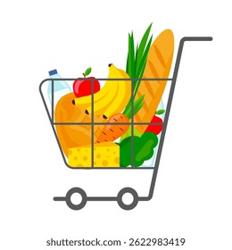 Shopping cart food products and groceries. Vector isolated on white.