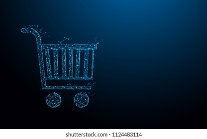 Líneas de forma de carro de compra, triángulos y diseño de estilo de partículas. Vector de ilustración