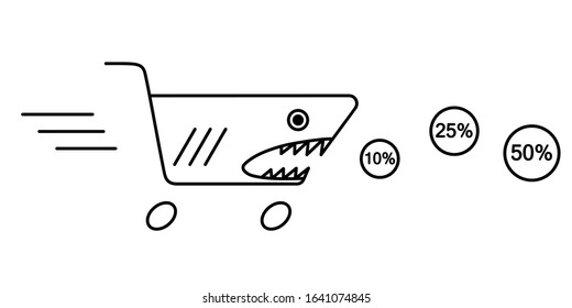 Shopping cart in the form of a shark. Discounts, sale. Flat icon. Vector illustration.
