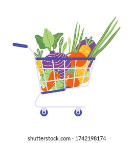 Shopping cart with fresh vegetables isolated on a white background. Healthy dietary products. Buy vegetable natural food, eggplant, tomato, carrot, pepper, beetroot, cucumber, onion. Vector flat