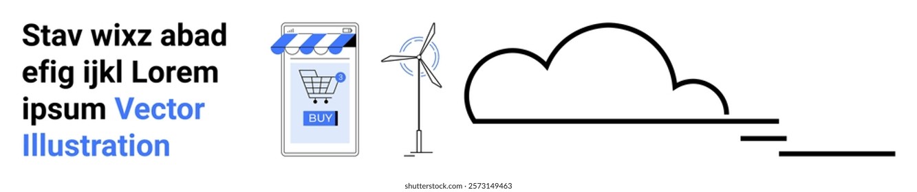 Shopping cart in front of a store, a wind turbine, and cloud represent online shopping, renewable energy, and cloud technology. Ideal for online stores, renewable resources, cloud computing