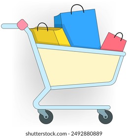 A shopping cart is full of bags and boxes. The cart is white and blue.