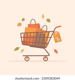 Shopping cart full of shopping bags and boxes with a falling autumn leaves around. Autumn sale banner. Flat vector illustration