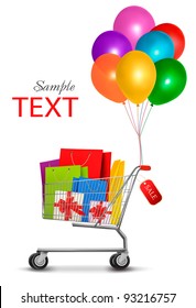 Shopping cart full of shopping bags and gift boxes. With a sale label. Vector.