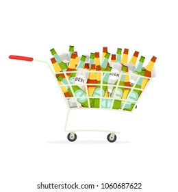 Shopping cart full of beer. Vector image isolated on white background
