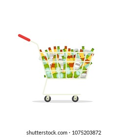 Shopping cart full of beer. Vector image isolated on white background
