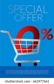 Shopping cart full of big red zero sign and percentage