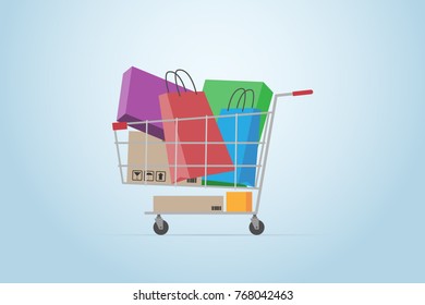 shopping cart full of boxes and bags, flat design