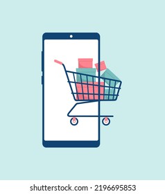 The shopping cart full of boxes leaving the smartphone screen. The concept of online shopping. Flat vector illustration