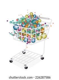 A Shopping Cart Full with Christmas Balls or Christmas Ornaments Decorated on Christmas Tree Branches, One of The Most Often Seen Symbols of Christmas.  