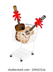A Shopping Cart Full with Classical Guitar and Acoustic Guitar Decoration with Red Ribbons and Bows, The Perfect Gift or Present for Someone Special. 