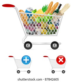 Shopping cart full of different products. Illustration on white background