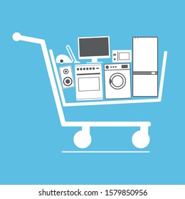 Shopping cart full of electronics. Shopping cart full of electronics: computer, vacuum cleaner, refrigerator, microwave, stove, column.