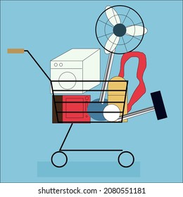 shopping cart full of electronics, washing machine, microwave, vacuum cleaner and fan