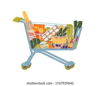 Shopping cart full of food and drink vector flat illustration. Grocery trolley with handle filling by fruit, vegetables, beverage and can isolated on white. Pushcart from self-service shop