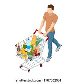 Shopping cart full of food. Man pushing supermarket shopping cart full of groceries. Isometric illustration isolated on white background. Front view