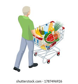 Shopping Cart Full Of Food. Man Pushing Supermarket Shopping Cart Full Of Groceries. Isometric Illustration Isolated On White Background. Back View