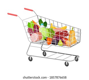 Shopping Cart Full of Food and Products from Grocery Market Vector Illustration
