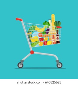 Shopping cart full of food. Vector flat illustration