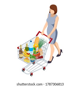 Shopping cart full of food. Woman pushing supermarket shopping cart full of groceries. Isometric illustration isolated on white background. Front view