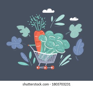 Shopping Cart Full With Fresh Carrot And Broccoli On Dark Separate Background, Vector Illustration Of Local Grow Organic Farming And Fresh Kit Food Delivery Service For Weight Loss.