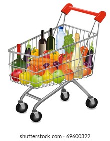 A shopping cart full of fresh colorful products. Vector illustration.