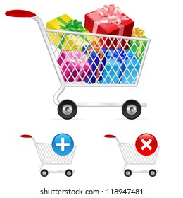 Shopping cart full of shopping gift boxes. Illustration on white