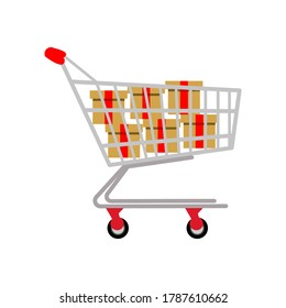 Shopping cart full of shopping gift boxes. A contemporary style. Vector flat design illustration with isolated white background. square layout.