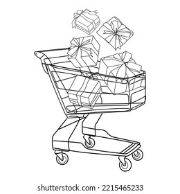 Shopping cart full of gift boxes with bats flying in the air. Line art drawing, black and white vector illustration isolated on white background. Concept of discount. Buying gifts.