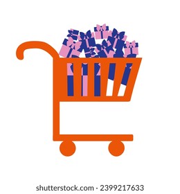 Shopping cart full of gift boxes. A contemporary style. Vector flat style illustration, isolated on white background. Square Element for Web design, Online sopping concept. Christmas or Sale template
